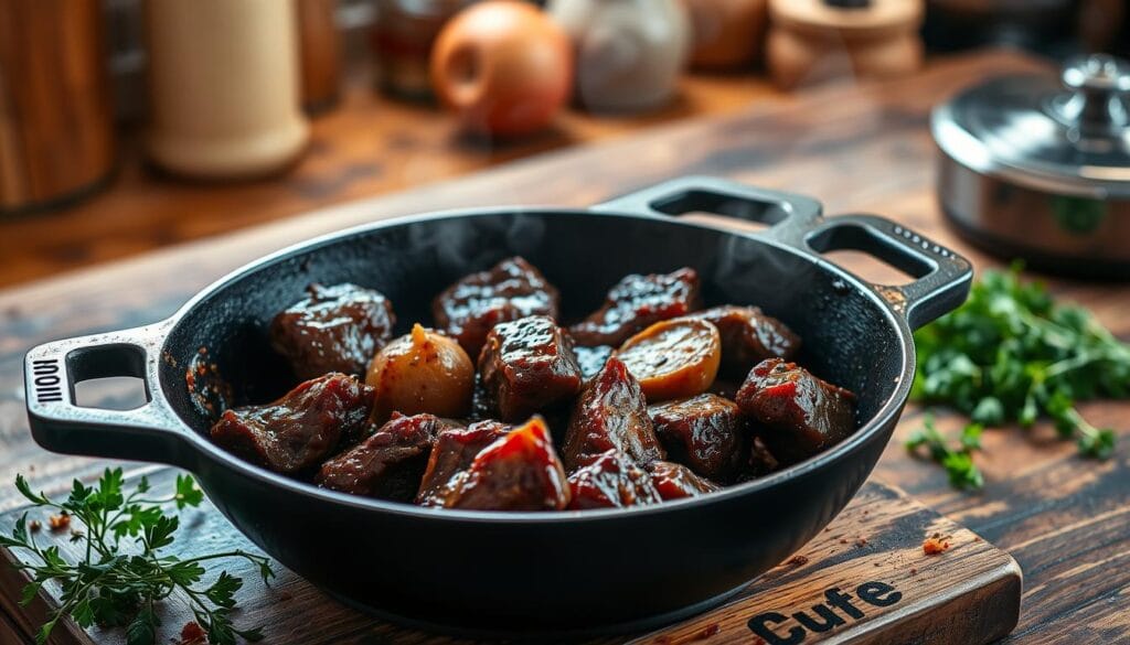 Browning beef tips in a cast iron skillet